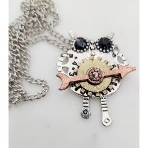 Articulated Owl Steampunk Necklace Pendant With Chain Silver Tone Multil Colored